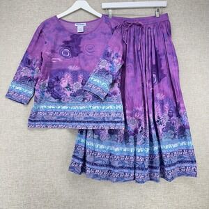 The Paragon Shirt Skirt Set Womens Medium Purple Floral Boho Peasant 2 Piece